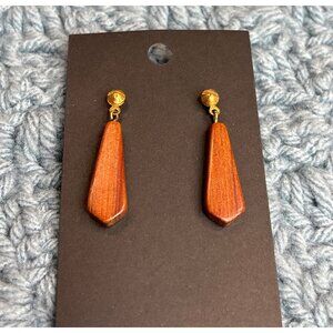 Brown Wooden Goldtone Dangle Earrings 1.5 inches